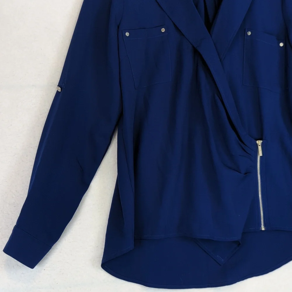 Michael Kors Cobalt Blue Chiffon Collared‎ Front Zipper Long Sleeve Blouse M
